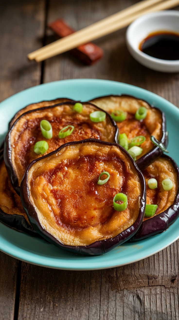 Quick and Delicious Pan-Fried Eggplant with Savory Soy Sauce Pan-fried eggplant rounds with soy sauce glaze and green onions on a rustic wooden table.